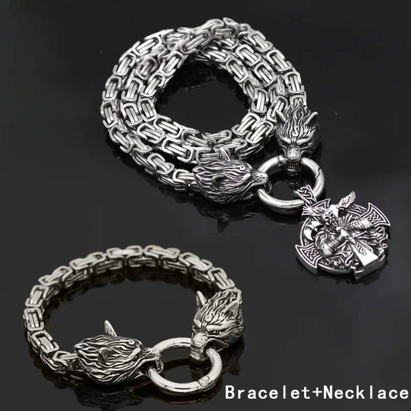 2-teiliges Wikinger Nordisches Vintage Odin Rabe Wolfskopf Halskette und Wolfskopf Armband