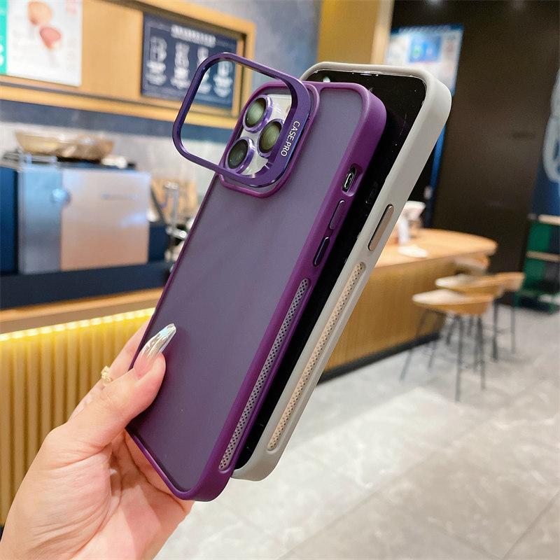 With Lesn Film Metal Camera Holder Stand Phone Case For iPhone 15 Plus 14 Pro Max 13 Pro 12 11 Shockproof Matte Lens Bracket Shell Cover