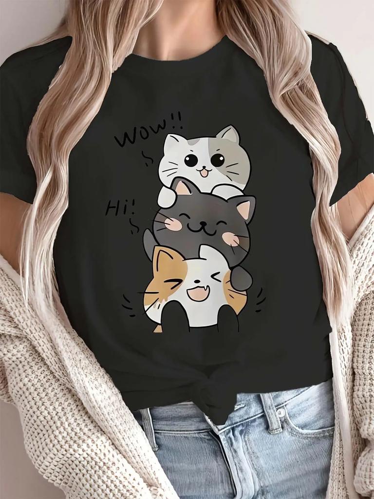 Casual Soft Fabric Short Sleeves Women'S Clothing Three Kittens Printed Short Sleeves Summer Casual Streetwear Tops Tees