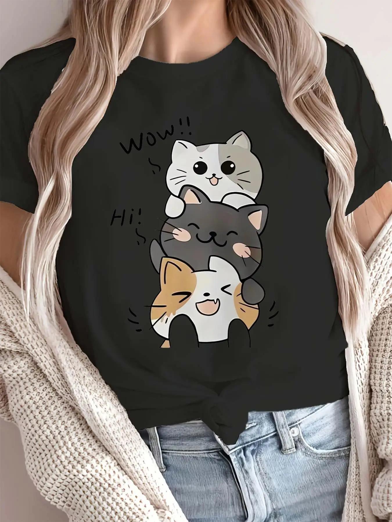 

Casual Soft Fabric Short Sleeves Women S Clothing Three Kittens Printed Short Sleeves Summer Casual Streetwear Tops Tees 4XL