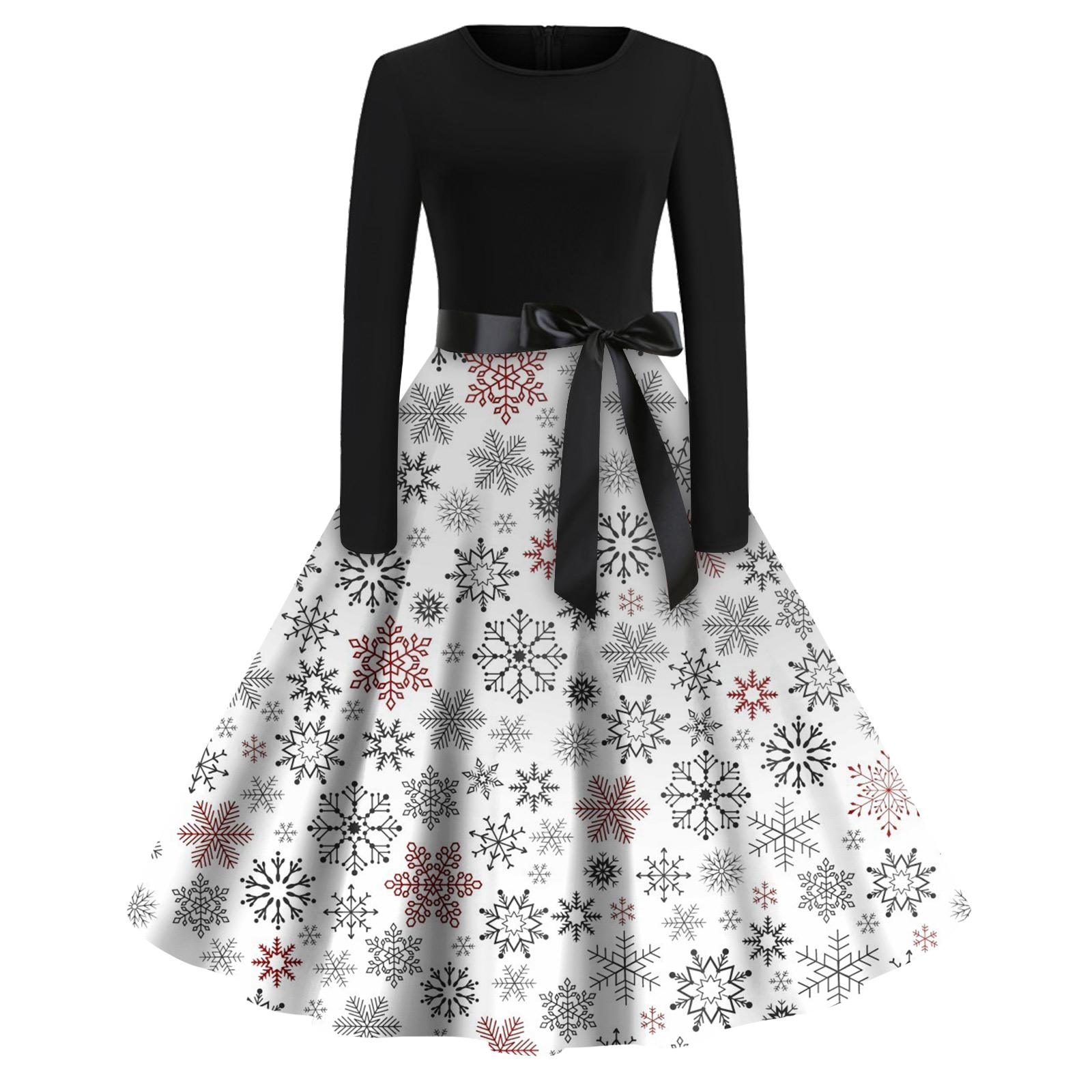 

Рождественский принт расклешенное платье для женщин платье с длинным рукавом полые вечерние повседневные платья XL белый