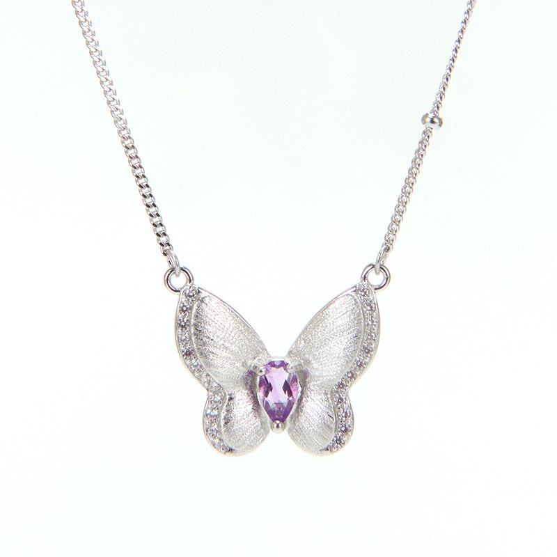 S925 Silver Butterfly Necklace with Natural Crystal, Brushed Choker Jewelry for Women 925 silver