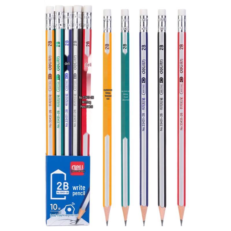 Deli Classic Striped Hexagonal Pencils with Eraser, 2B (10-Pack)
