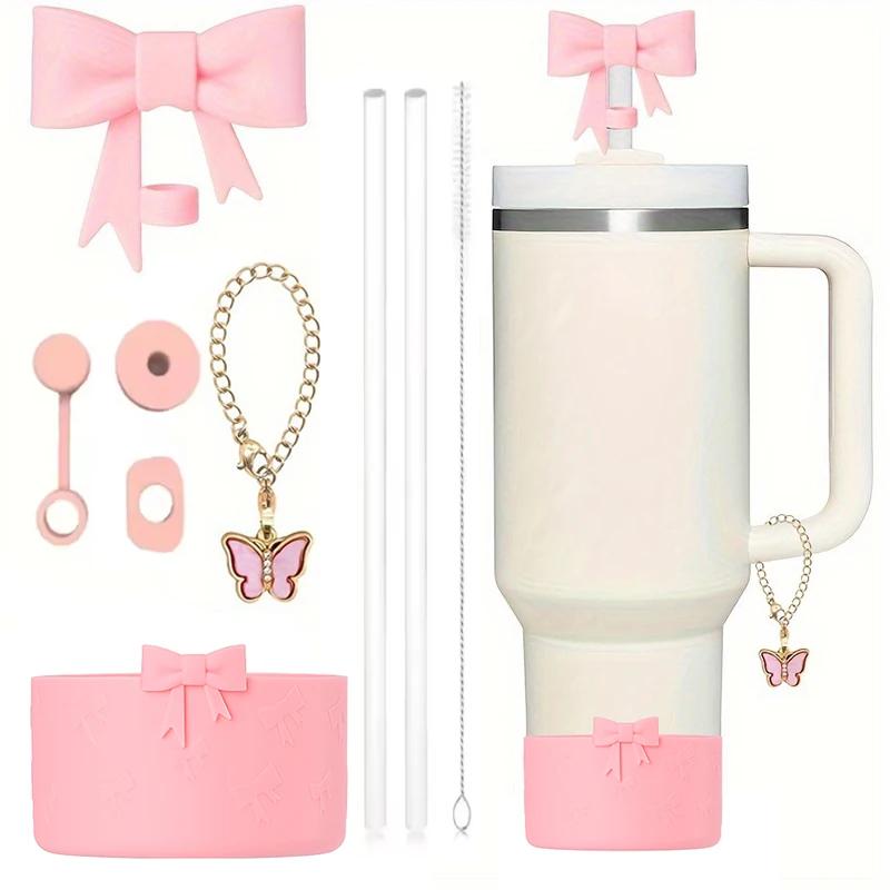 9-teiliges auslaufsicheres Stopper-Set für Stanley Cup Silikon-Boot Charm-Kette Strohhalm und Bürste 10-mm-Strohhalm-Abdeckkappe Schmetterlingskette