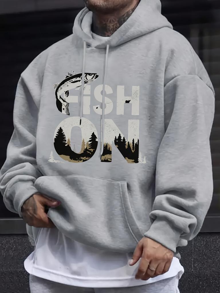 Men's Minimalist Fish Graphic Hoodie Winter Warmth Relaxed Fit Drawstring Hood  Casual Pullover Autumn Outerwear