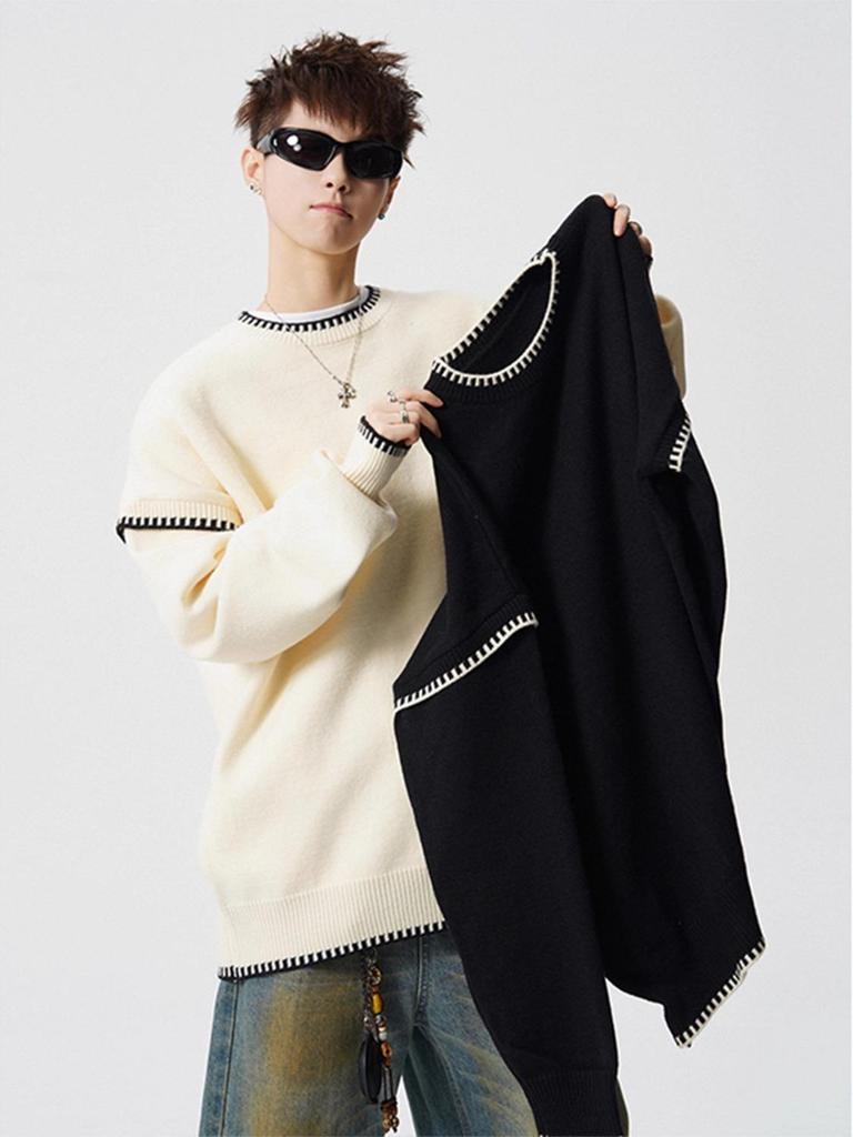 Men's Trendy Hand-Stitched High-End Knit Sweater with Contrasting Colors - Versatile and Stylish Base Layer