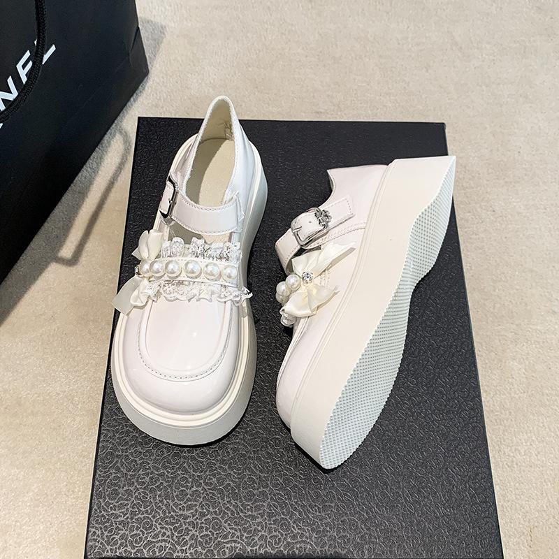 Platform Mary Jane small leather shoes spring and autumn new bow pearl French retro with skirt jk single shoes