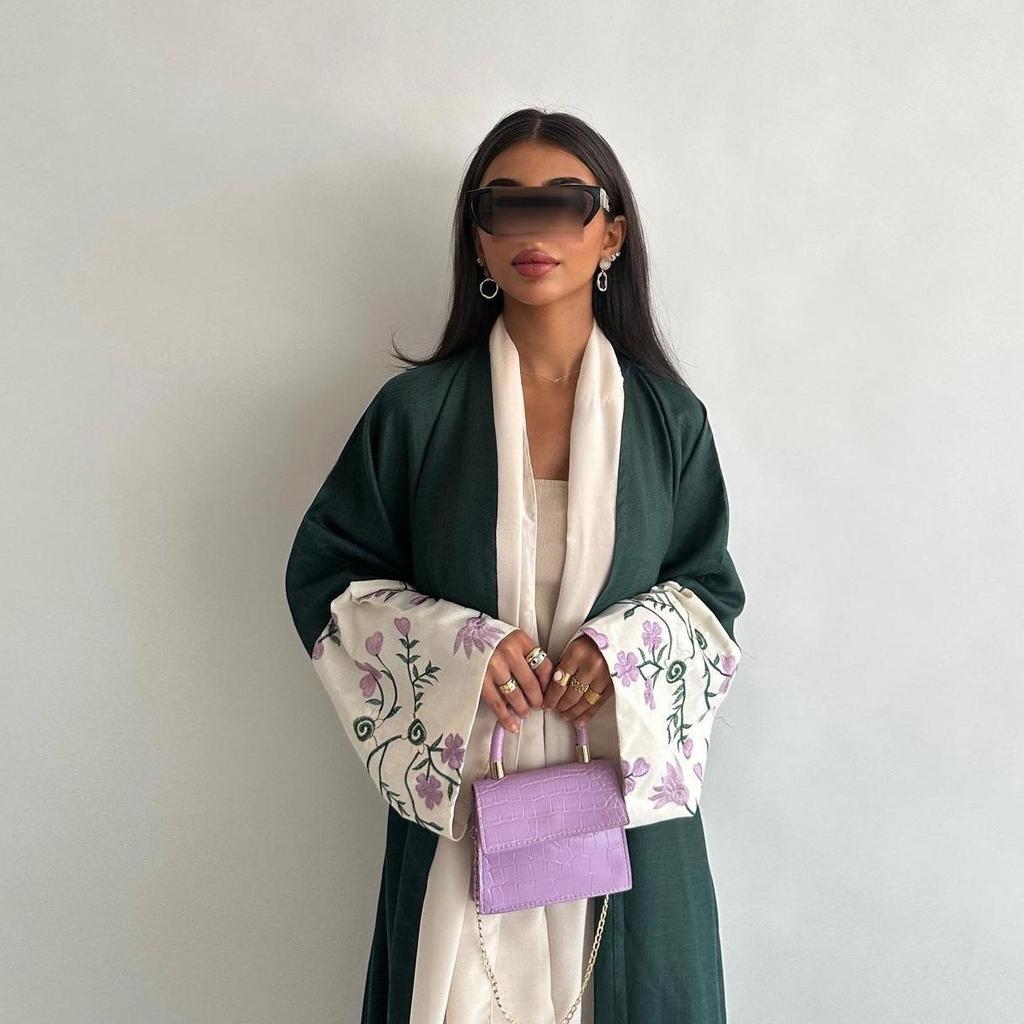 MQ136 Embroidered Floral Cardigan Robe Abaya - Women's Fashion Loose Outerwear for Dubai, Middle East, European & American Styles