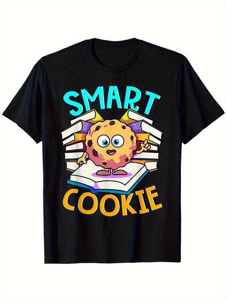 Funny Smart Cookie Reading Books Graphic T-shirt - Black Casual Short Sleeve Tee with Playful Chocolate Chip Design