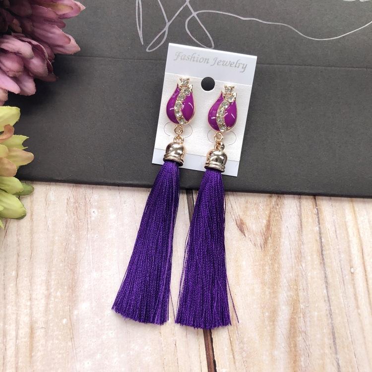 Retro flower gemstone with diamond fringed stud earrings long celebrity temperament earrings women's versatile earrings