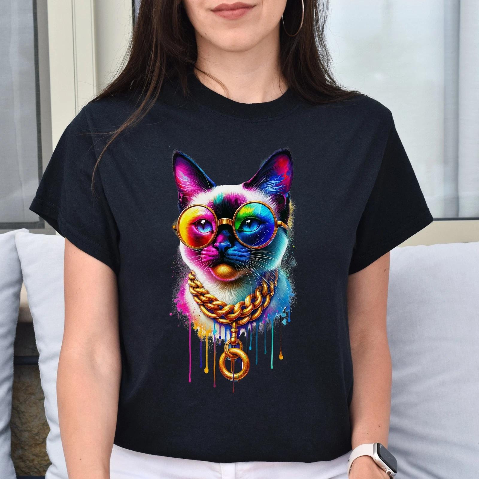 Siamese cat in hip style Color Splash Unisex T-shirt Black Navy Dark Heather S