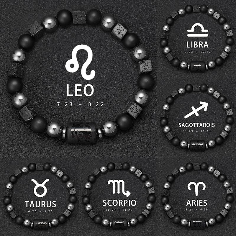 12 Zodiac Volcanic Stone Couple Bracelet Elastic Square Bead Gift for Men and Women