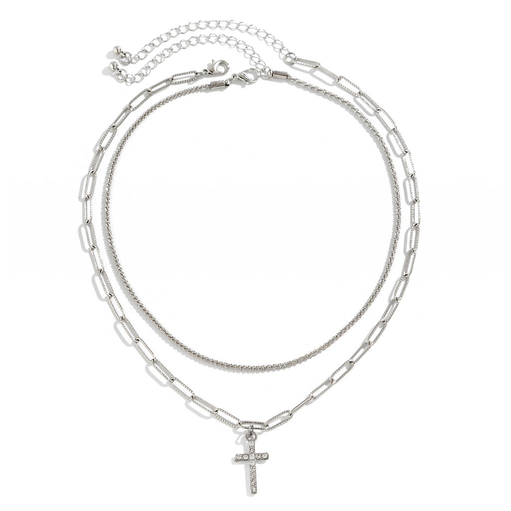 Wind Sparkling Chain Clavicle Necklace Women'S, Simple Diamond Cross Double Necklace