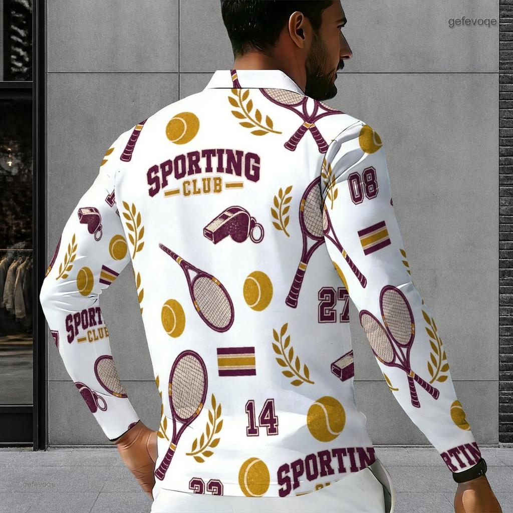 Men s Plus Size White Printed Long Sleeve Quarter Zip Collared Polo Shirt