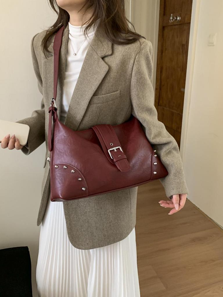 Women's Cross-Border Retro Motorcycle Bag with Rivet Decor & Belt Buckle - Stylish Single Shoulder Underarm Handbag