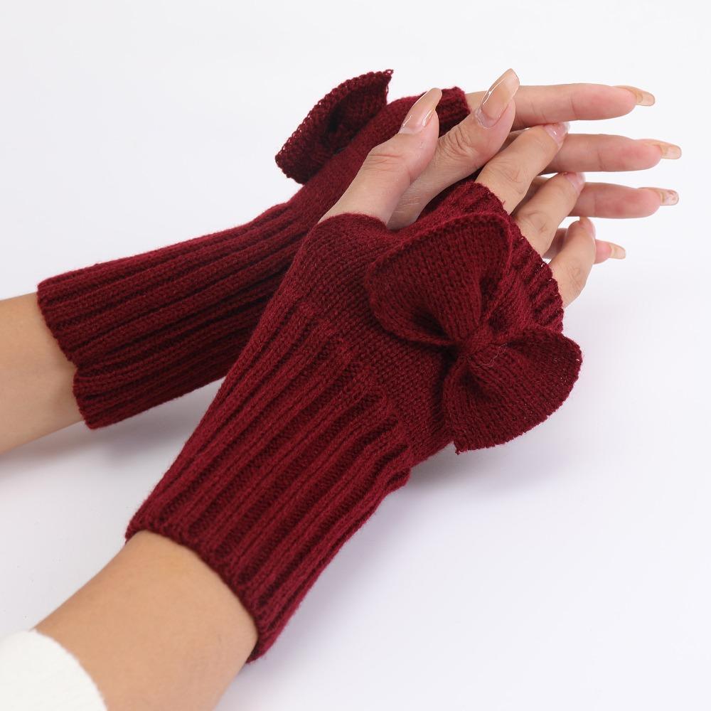 Thick Warm Bowknot Knitted Gloves Soft Half Finger Gloves Cute Arm Warmers  Women Girls