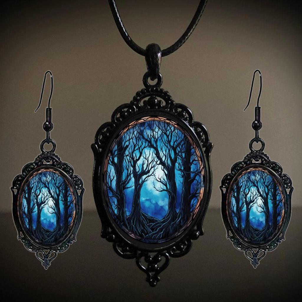 Vintage Style Pendant Necklace and Earrings Set with Oval Frame and Forest Design Gothic Jewelry Set for Women and Girls