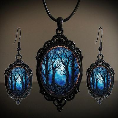 Vintage Style Pendant Necklace and Earrings Set with Oval Frame and Forest Design Gothic Jewelry Set for Women and Girls