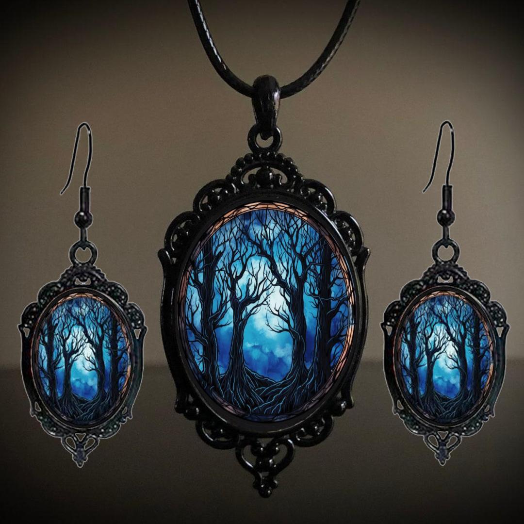 

Vintage Style Pendant Necklace and Earrings Set with Oval Frame and Forest Design Gothic Jewelry Set for Women and Girls One Size