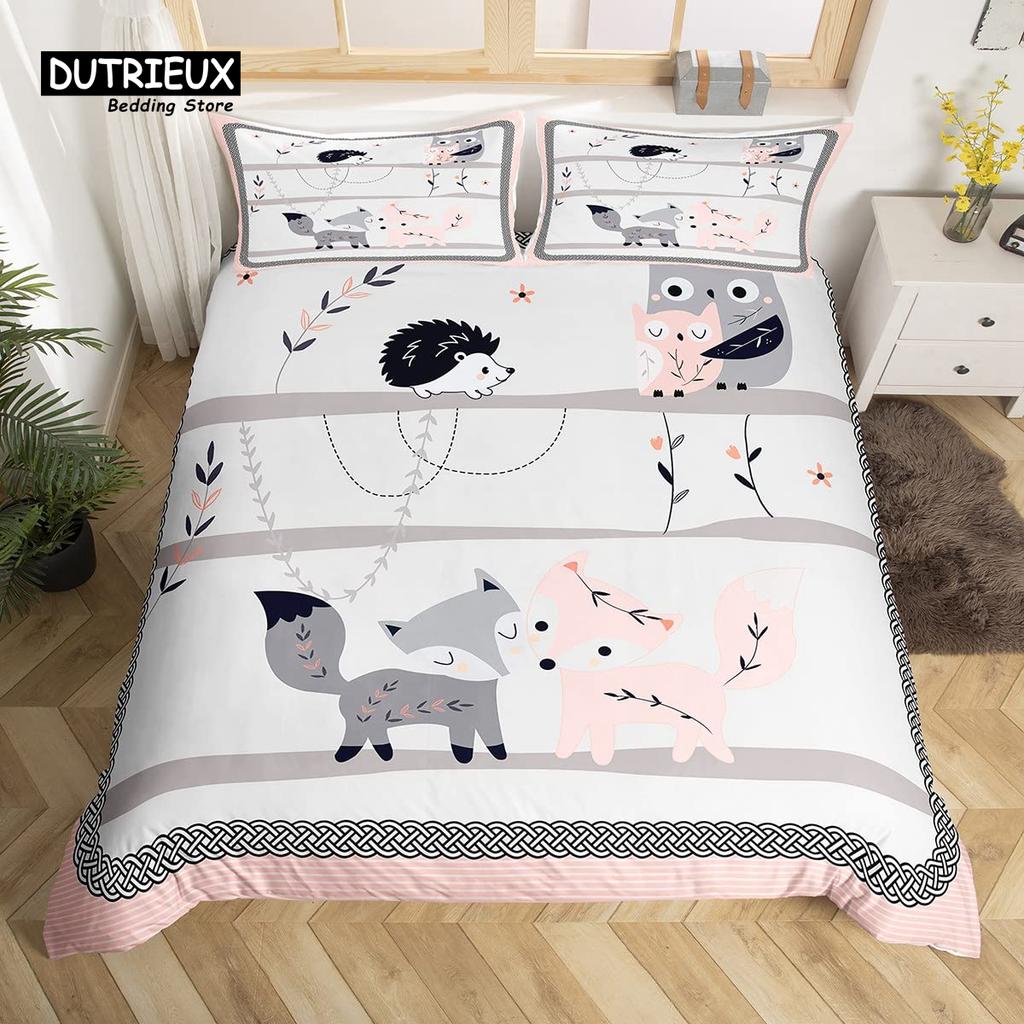 Cute Panda Duvet Cover Set Kawaii Rainbow Cartoon Animals Bedding Set Full Microfiber White Flowers Pink Heart Comforter Cover