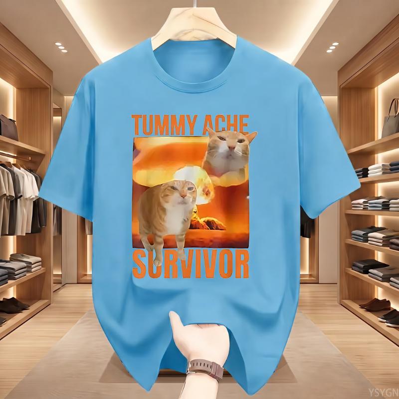 Tummy Ache Survivor Cat Funny Retro Casual Round Neck Pure Cotton Shortsleeved Tshirt Unisexs Summer Fashion Trend Breathable Top