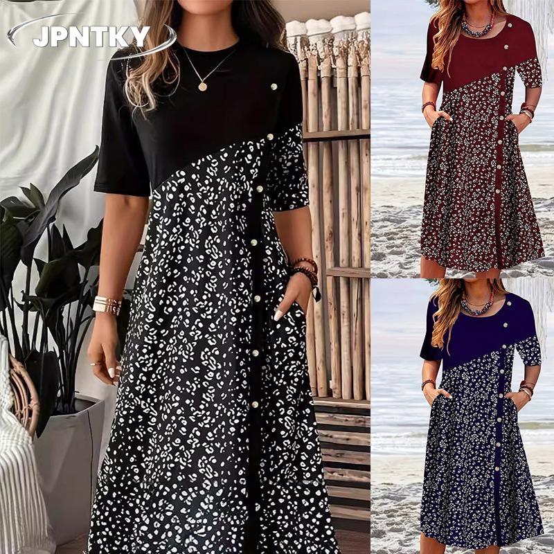 JPNTKY Fashion Summer Spring Short Sleeve O-Neck Casual Dresses