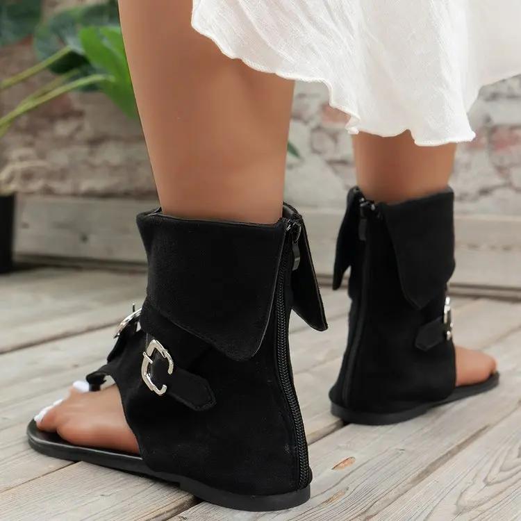 Fashion New Round Toe Clip Toe Sexy Rear Zipper Beach Shoes In Summer Stylish Comfortable Solid Color Non-slip Exposed Toe Flat Sandals