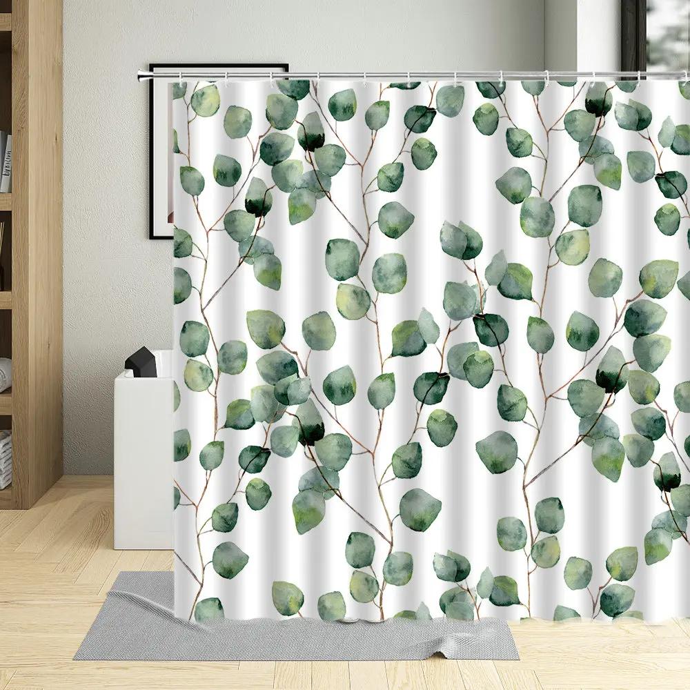 Leaves Shower Curtain Watercolor Tree Branch Leaf Vine Plant Bath Curtain Modern Fabric Nordic Bathroom Decor