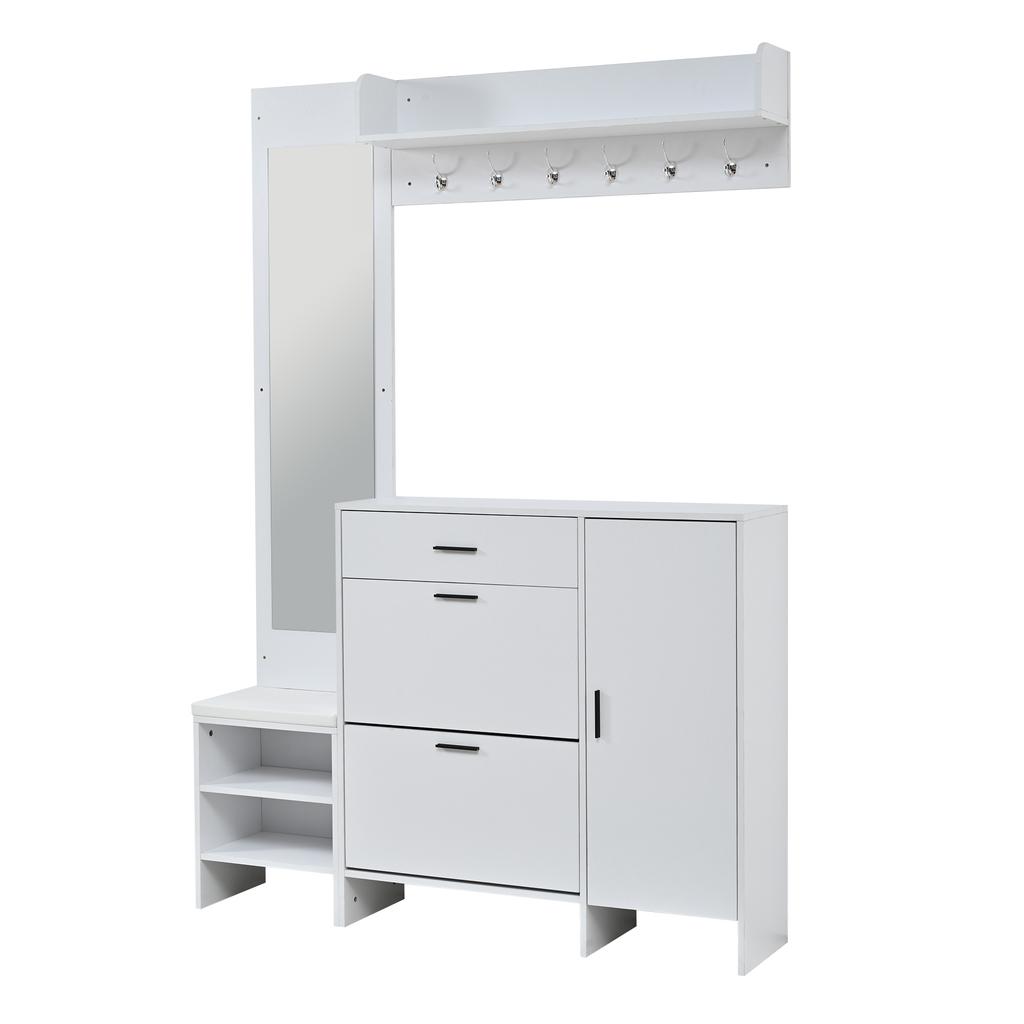 Coat Rack for the Entryway, Includes Shoe Cabinet, Mirror and Coat Hooks, Multifunctional with Shoe-changing Bench, White, 140x30x200cm