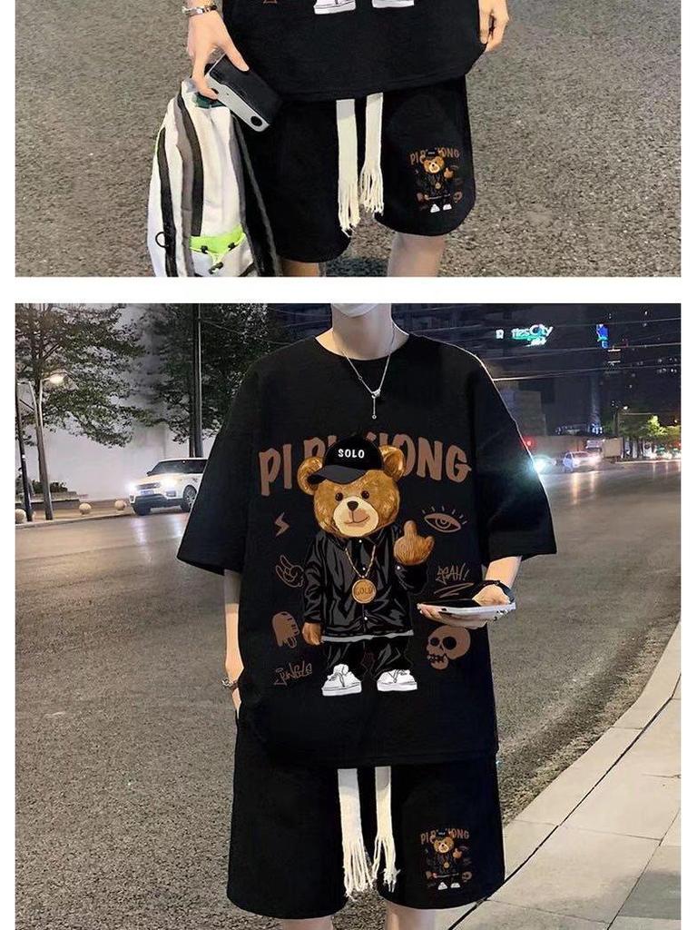 Hong Kong Style Men's Cartoon Short-Sleeve & Shorts Sports Casual Set