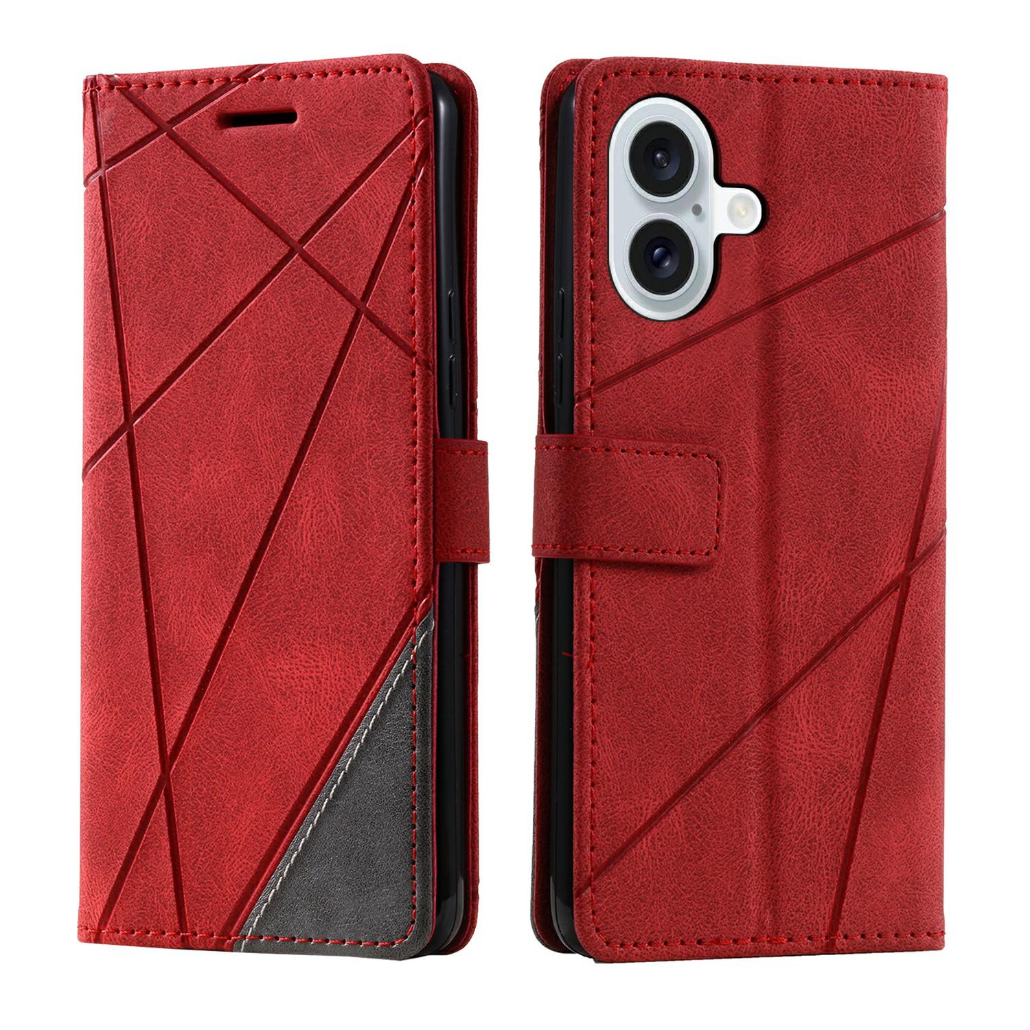 

For iPhone 17 Case Imprinted Lines PU Leather Splicing Wallet Phone Cover Red
