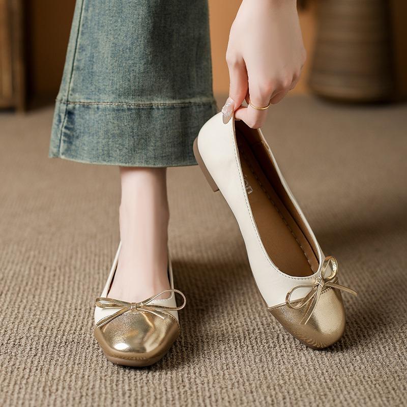 Bow Single Shoes Women's Spring and Autumn New Large Size Round Head Shallow Mouth One Pedal Casual Shoes