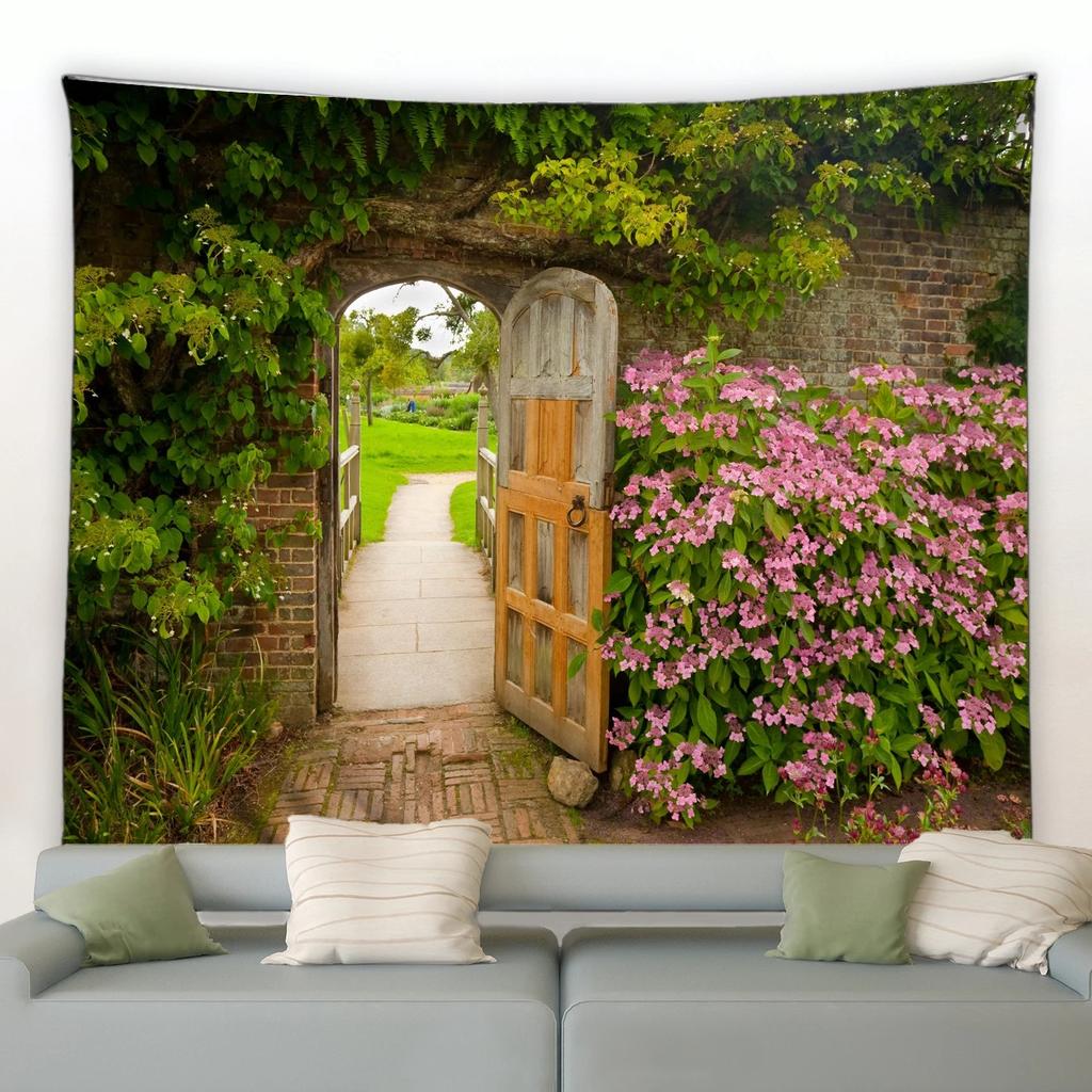 Spring Butterfly Flowers Tapestry Retro Wooden Fence Nature Pink Rose Plants Floral Wall Hanging Garden Home Decor Scenery Cloth