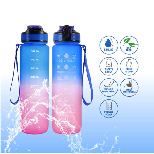 1000ml Water Bottle, Direct Drinking, Straw Bottle with Carry Handle, Large Capacity, One-Touch Gradient, Time Marker, Scale, Stylish, Lightweight, Co