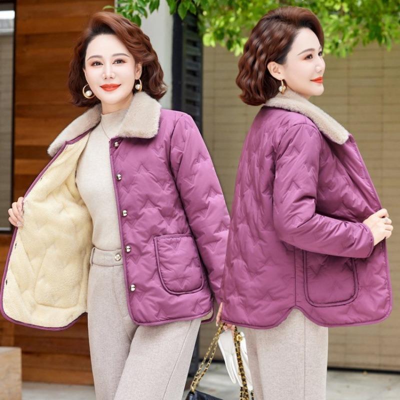 Women's Clothing Fleece Warm Low-fleece Cotton Jacket Simple Commuting Fur Collar Middle-aged Autumn and Winter Cotton-padded Clothes