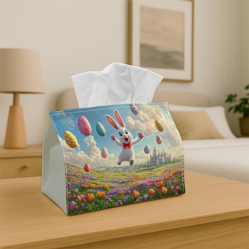1pc Fantasy Whimsical Romantic Easter Tissue Box - Bunny Floating Easter Egg Meadow - 10.92*12.95*17.78cm Tissue Box Holder, Napkin Holder, Sturdy for