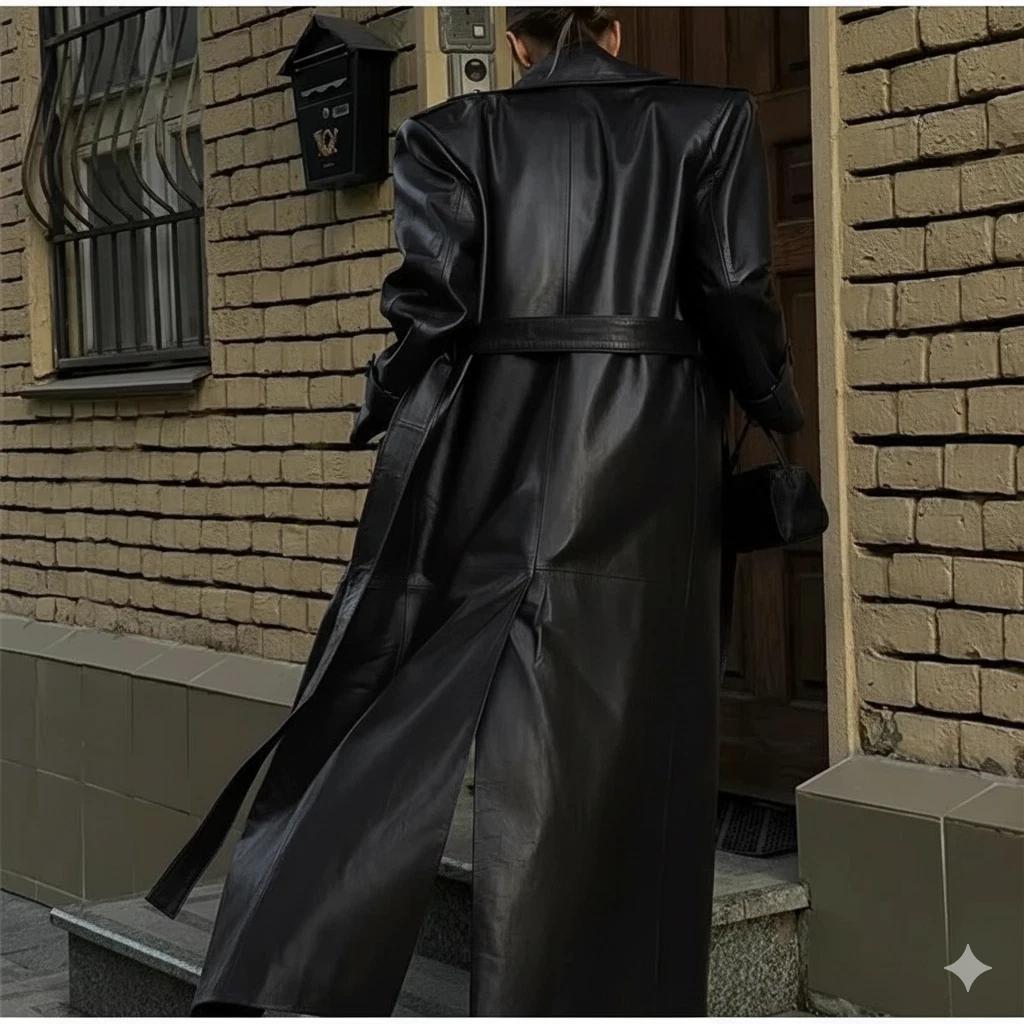 Dámský kožený trenčkot z jehněčí kůže Střih Pravý Nový Černý Ručně šitý Měkký Ležérní