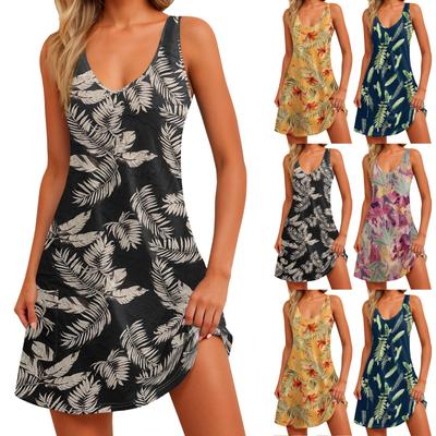 Lässiges Sommerkleid für Damen mit Taschen, Sommer-Boho-Strandkleid, Blumenblusen für Damen, T-Shirts, Kleid mit V-Ausschnitt, lockere Tank-Kleider