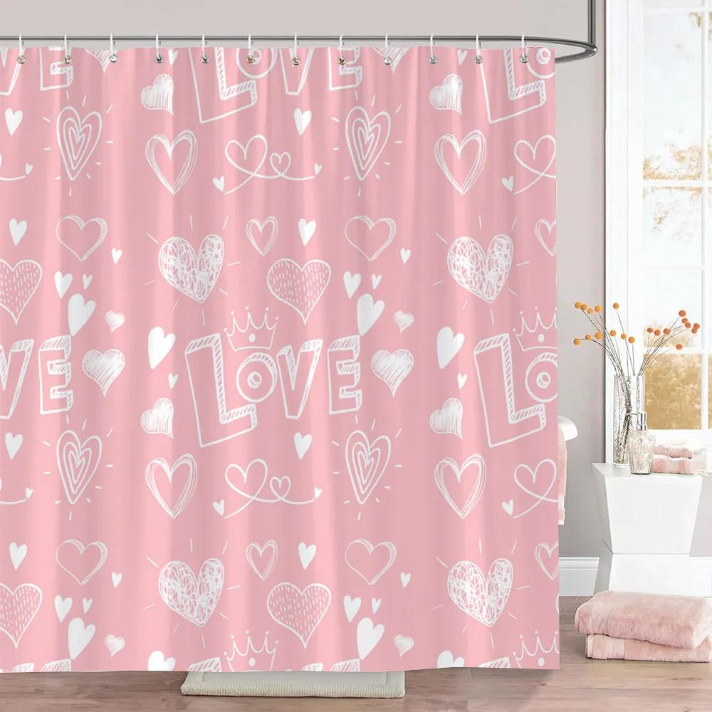 Rosa Herz Duschvorhang Weihnachtsgeschenk Geometrische Linien Schlicht Modern Polyesterstoff Duschvorhänge Badezimmerdeko mit Haken