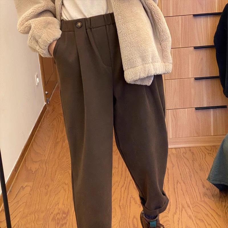 

Брюки большого размера Брюки гаремы Женские Полная девушка Мм Осень и зима С высокой талией Костюм Свободные Утепленные Прямые Брюки-морковь Шерстяные брюки 4XL коричневый