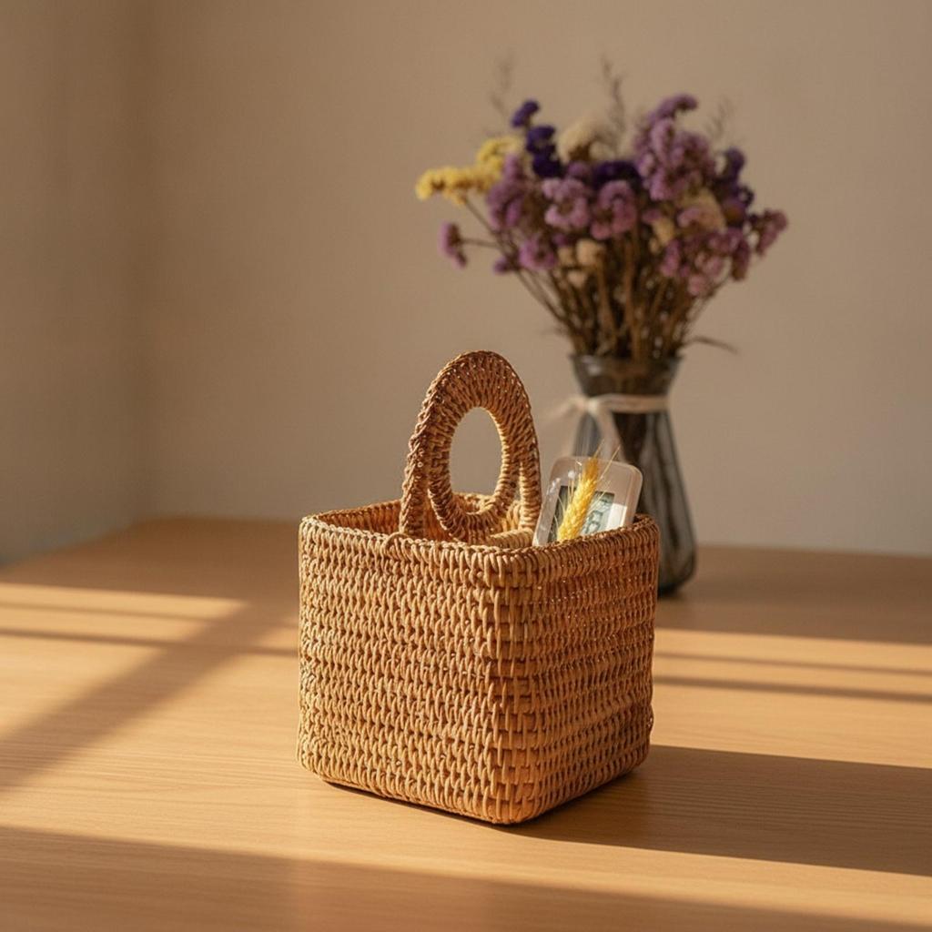Rattan Desktop Storage Basket Divided for Bathroom Counter