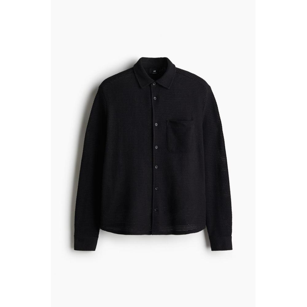 H M Regular Fit Waffle Textured sHirt Navy Blue