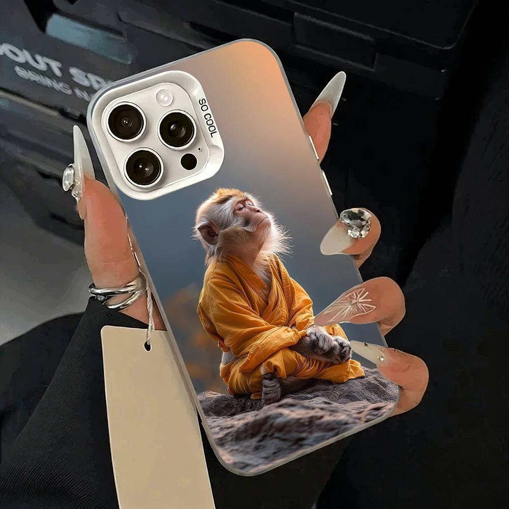 C-Cute Funny Monkey Phone Case For iPhone 11 12 13 14 15 16Pro Max Plus white Sliver  Phone Cover