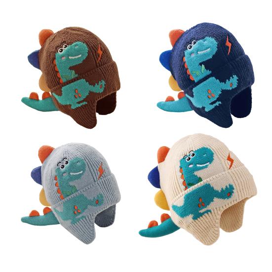 Children Hat Cartoon Dinosaur Design Knitted Hat Soft Warm Ear Protection Kids Animal-themed Hat Winter Accessory