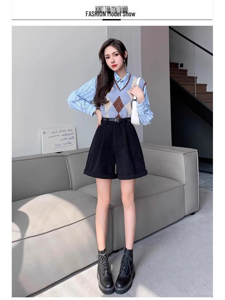 High-Waisted Corduroy A-Line Bootcut Shorts for Women - Coffee Color, Casual Autumn/Winter Wear