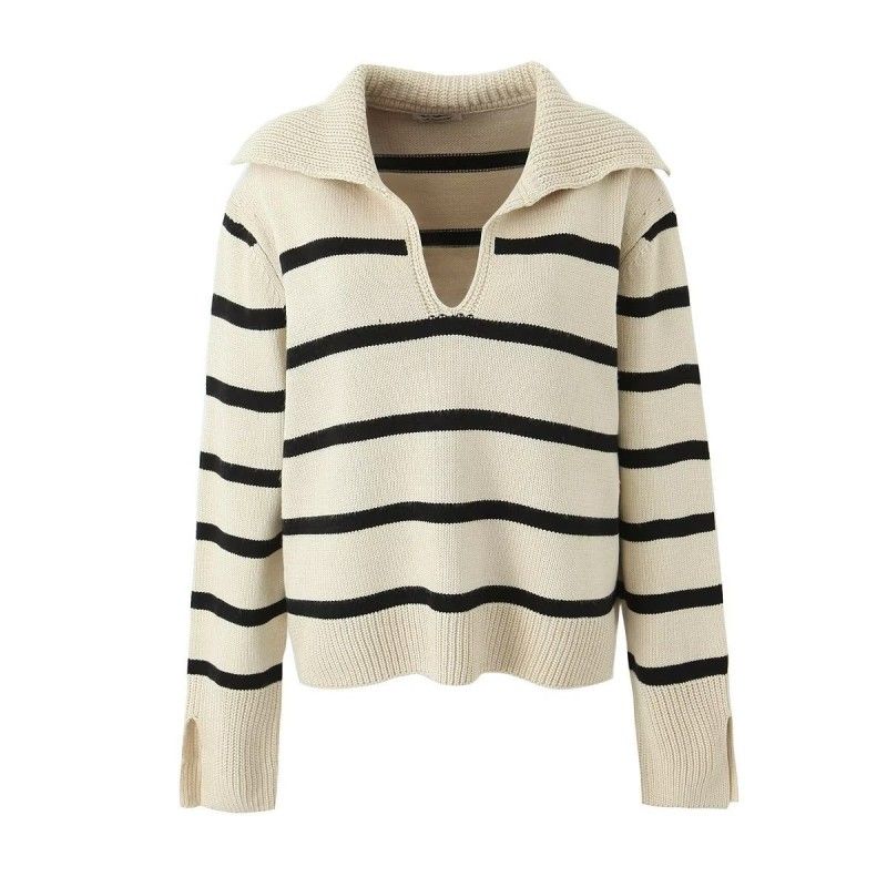 

Normcore Tongyao Lapel Stripes Loose Pullover Apricot Stripes One size