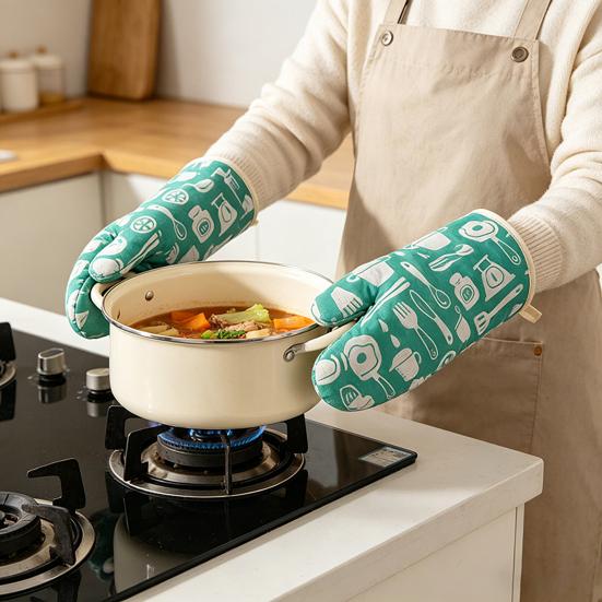 Thickened Cotton-Linen Oven Mitts with Non-Slip Grip Heat-Resistant Baking Gloves for Microwave Grill Breathable