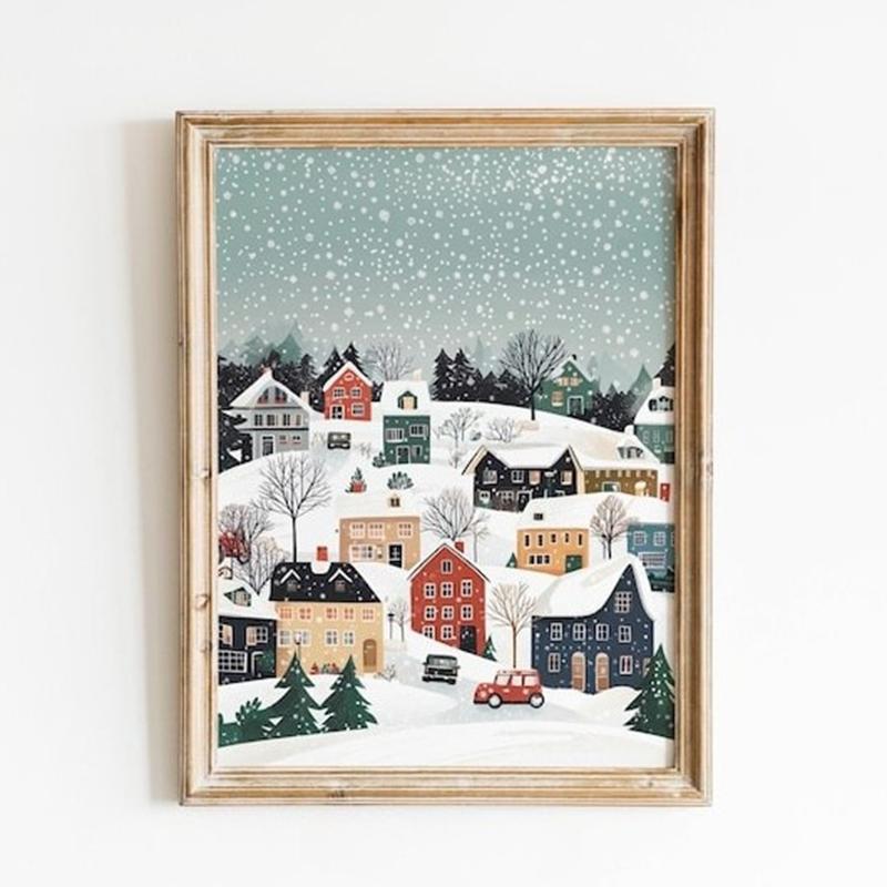 Winter Village Painting, Christmas Village Winter Scene Print, Winter Village Art, Winter Landscape House Art, Winter Scenes 21X30CMNo Framed