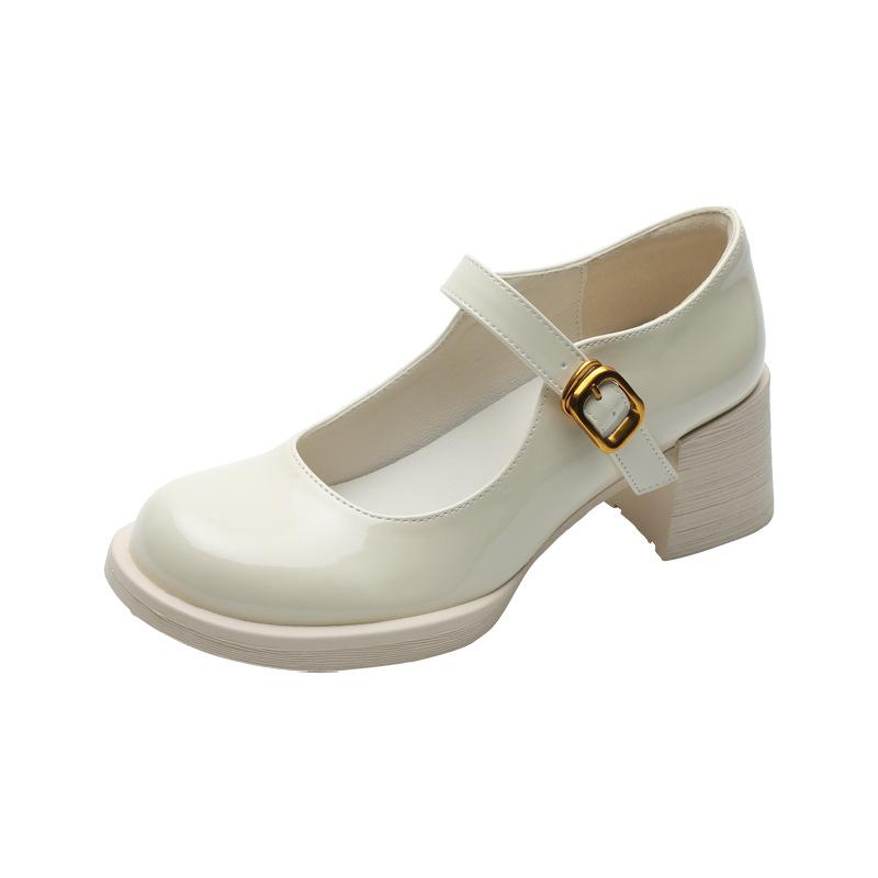 2025 New Korean Version One-word with High Heels and Light Mouth Single Shoes French Temperament Mary Jane Shoes Women's Spring Comfort and Versatil