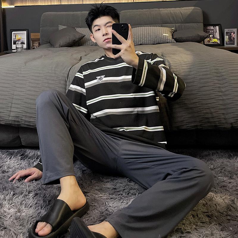 spring Autumn Leisure loose young Boys Sleepwear Men's Pajamas Set Stripe Long Sleeve Nightwear Pijama Home Wear y2k men Clothes